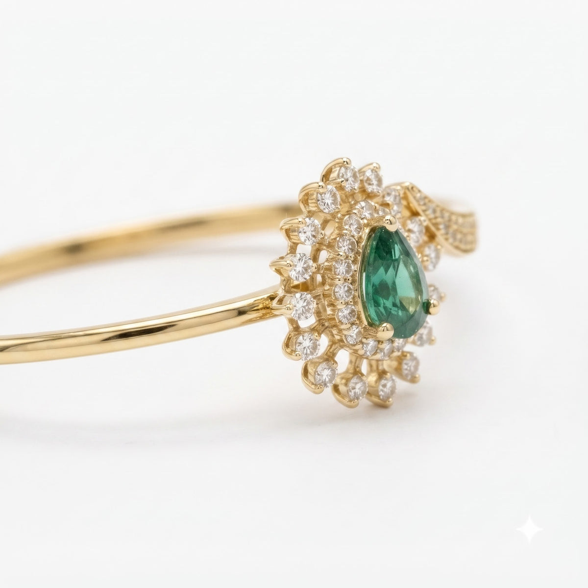 Pear Cut Emerald Diamond Bangle Bracelet | Sunburst Halo Cuff