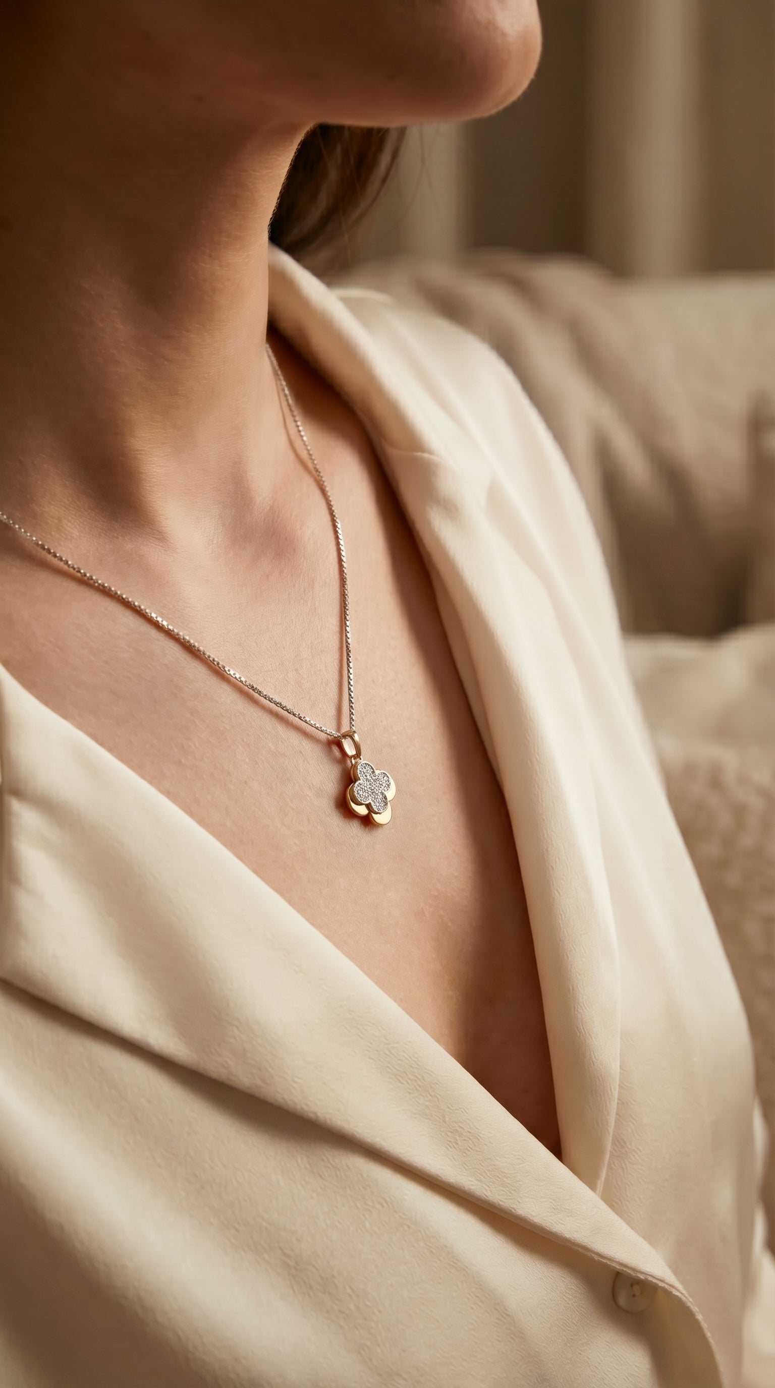 Elegant Pave Two-Tone Clover Diamond Pendant Necklace