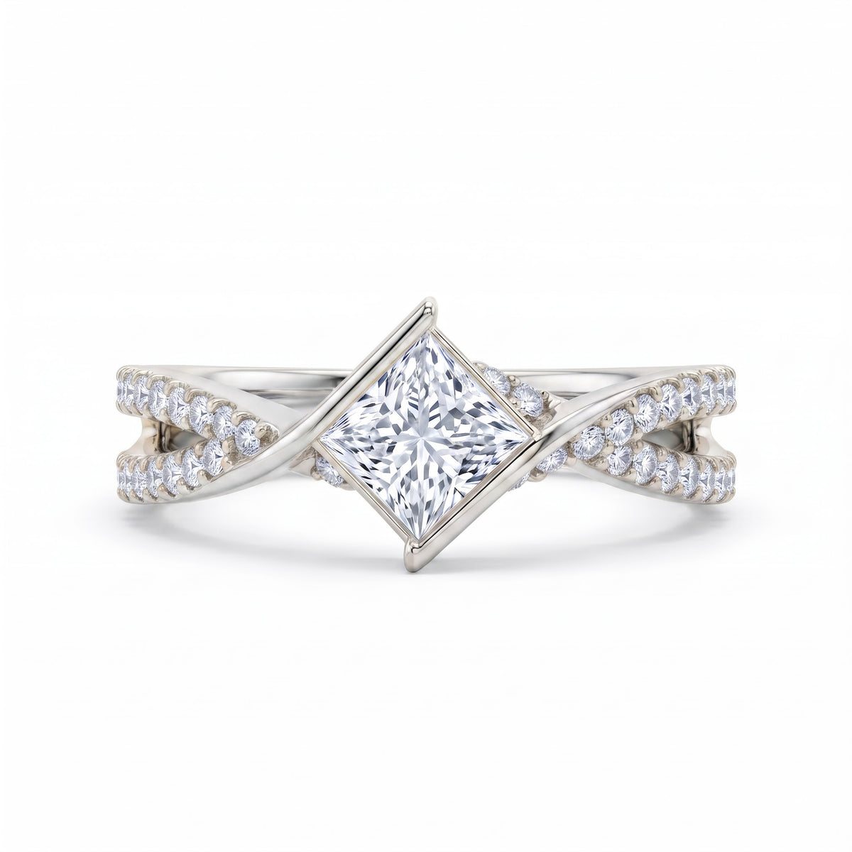 Princess Cut Lab Diamond Ring,Split Shank Engagement Ring, Modern Bridal Ring, Square Diamond Wedding Jewelry