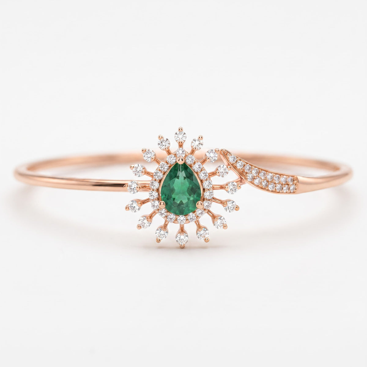Pear Cut Emerald Diamond Bangle Bracelet | Sunburst Halo Cuff