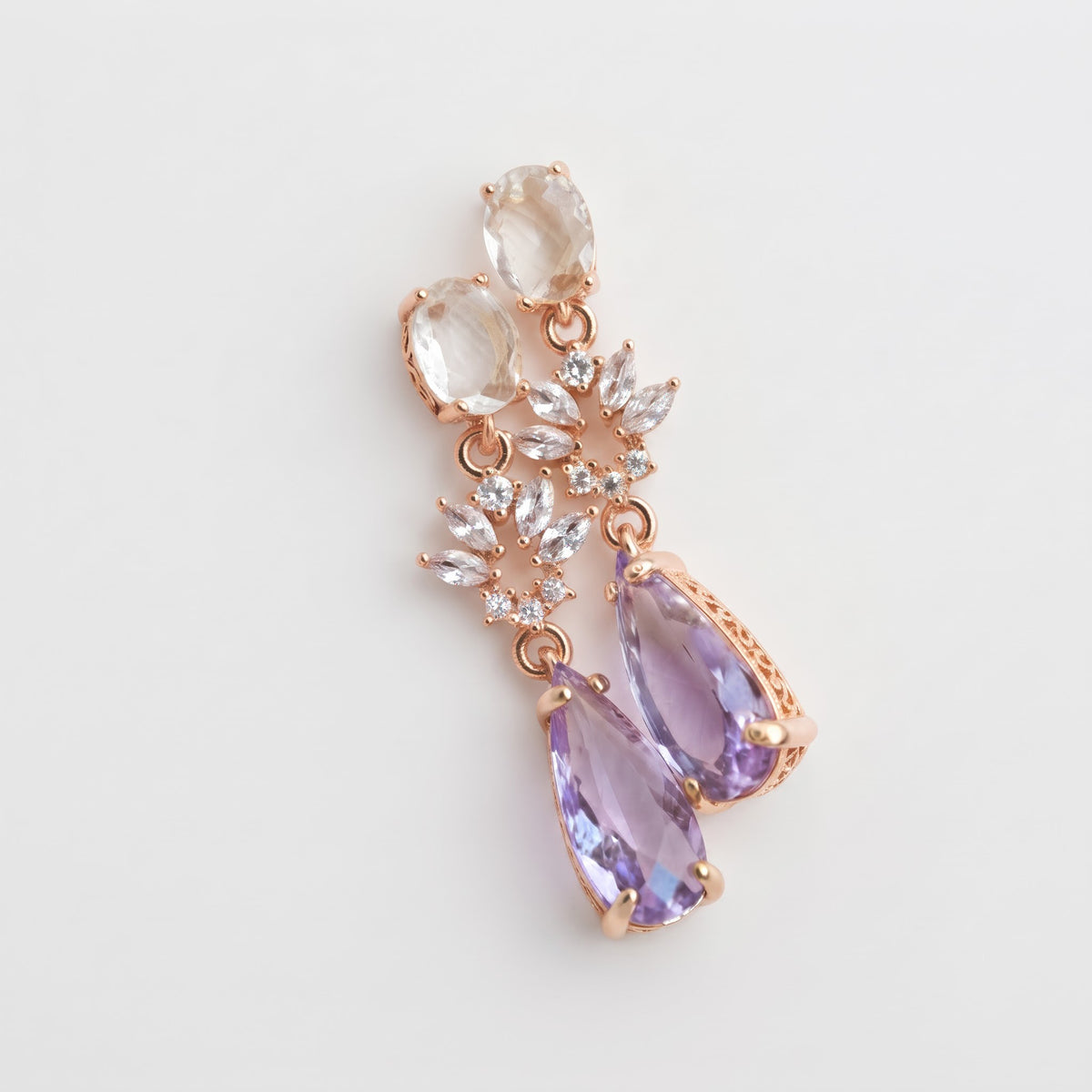 Amethyst Drop Earrings with White Quartz & Diamond Floral Accents