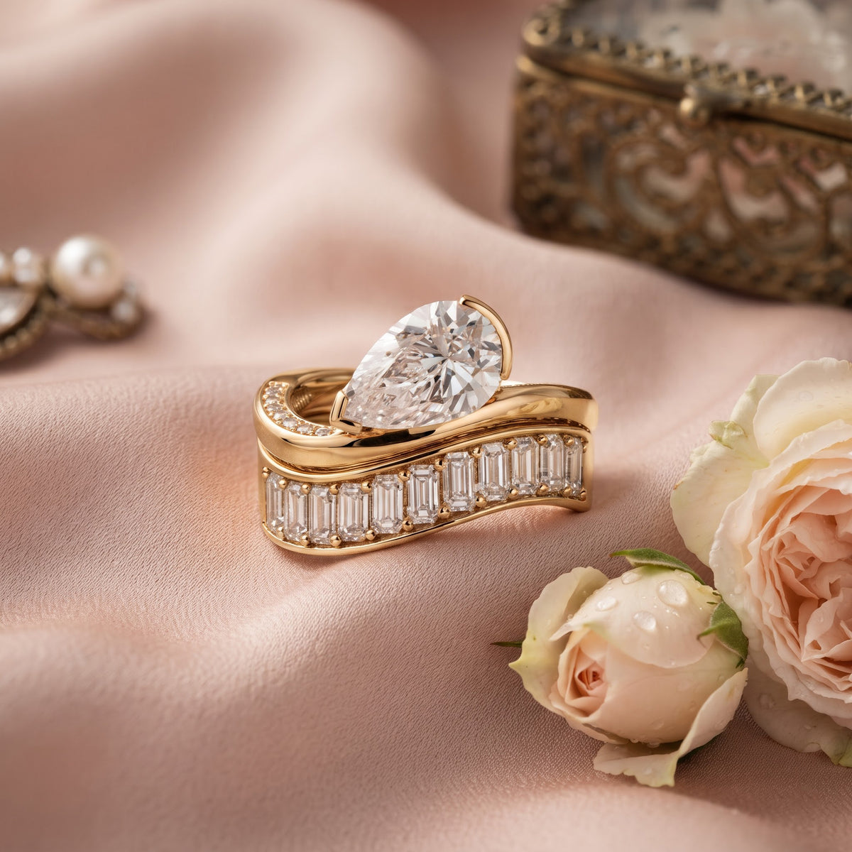 Bold brilliance meets architectural elegance , Pear Cut & Baguette Diamond Ring