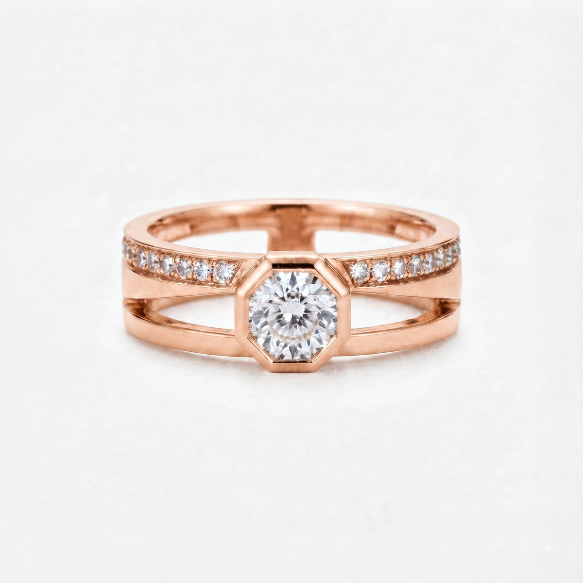 Hexagon Bezel Round Lab Diamond Split Shank Engagement Ring