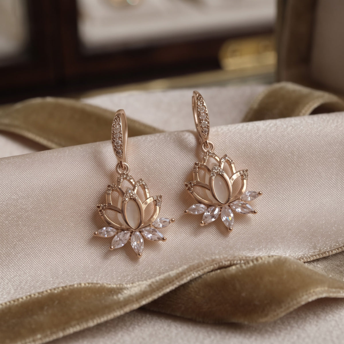 Lotus Flower Drop Earrings | Floral Dangle Earrings, Pear Cut Diamond Earrings