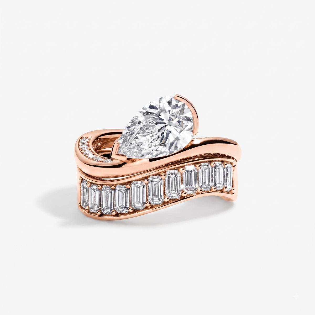 Bold brilliance meets architectural elegance , Pear Cut & Baguette Diamond Ring