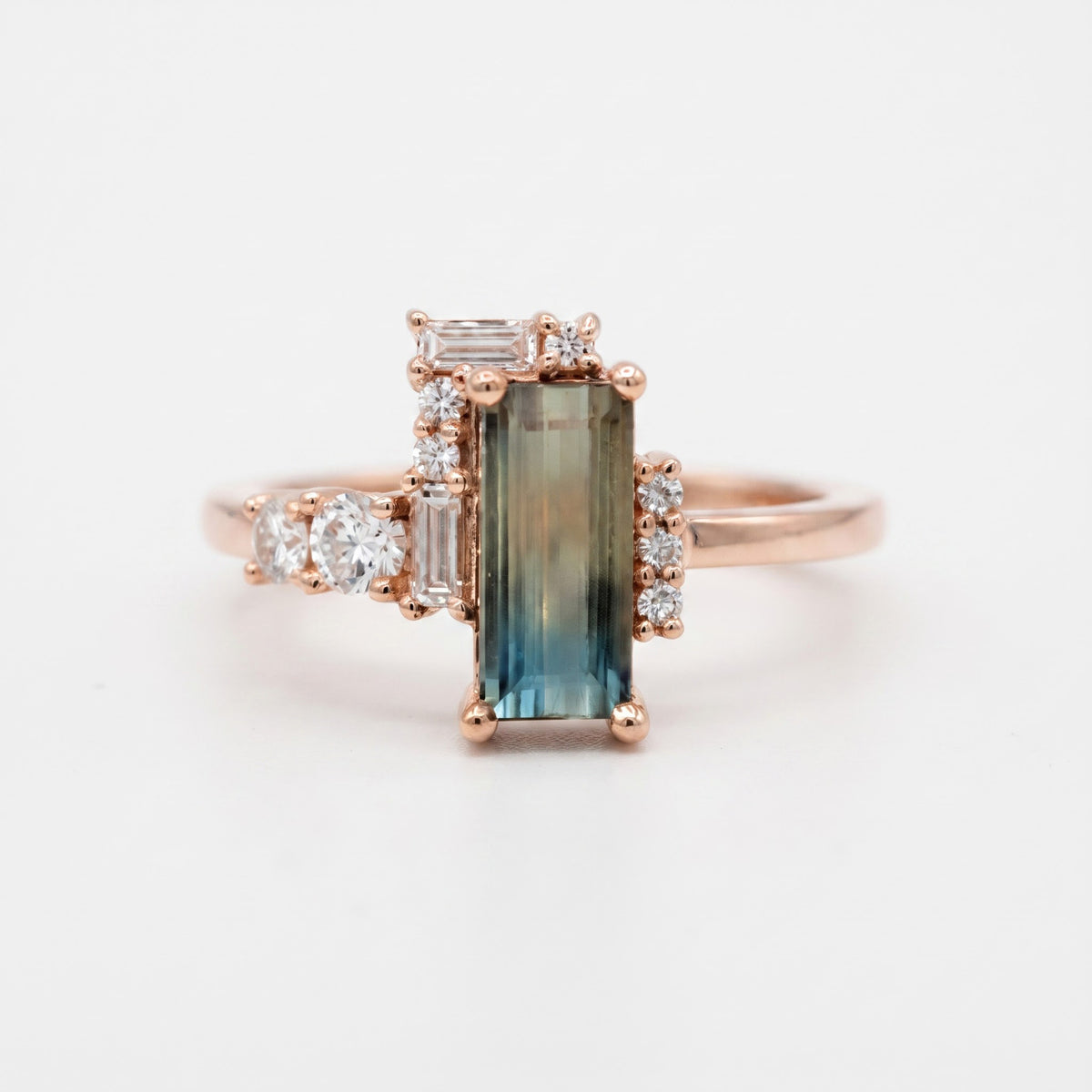 Gold Statement Cocktail Ring,Emerald Cut Blue-Green Gemstone Ring, Lab Diamond Baguette & Round Diamond Cluster