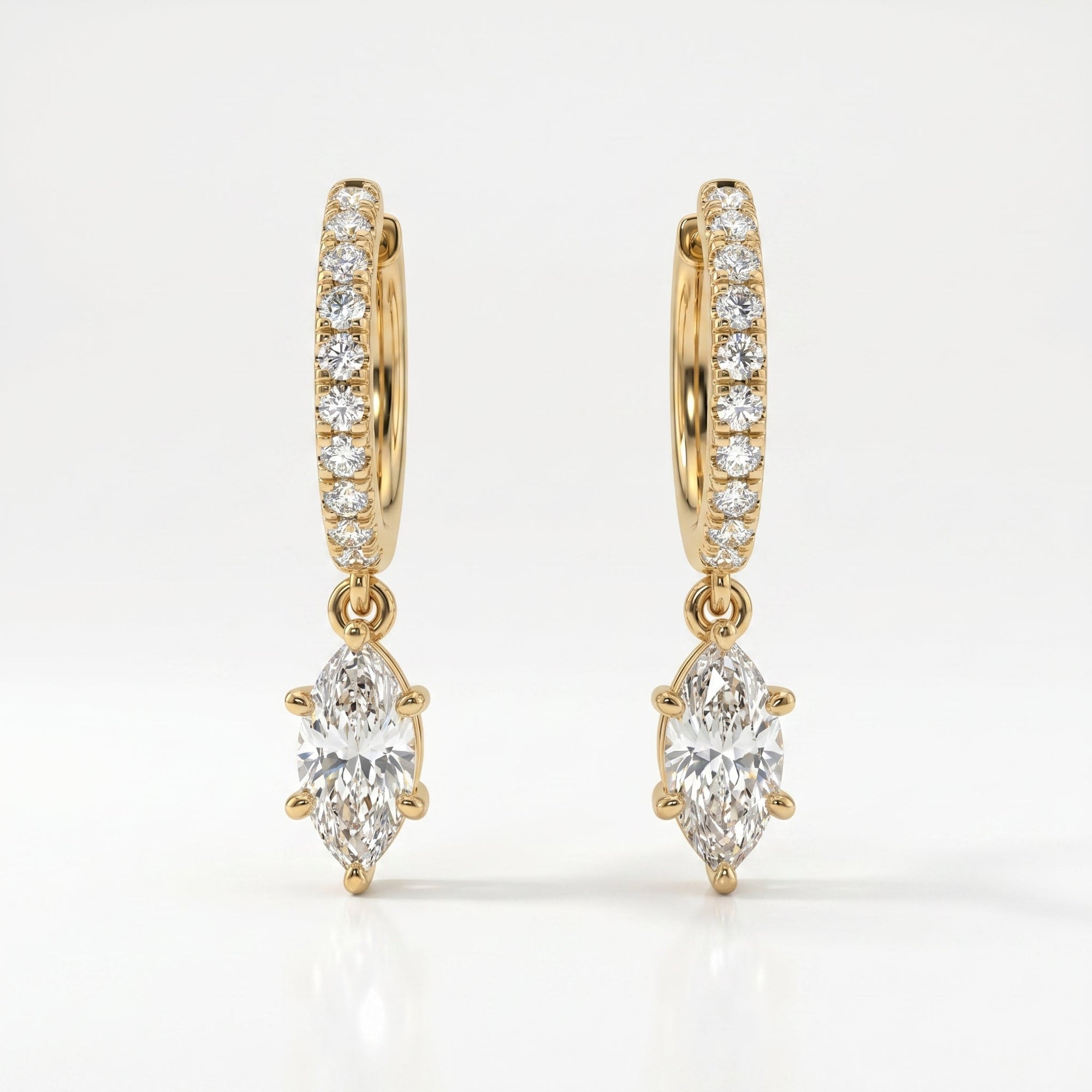Yellow gold marquise diamond drop hoop earrings with pavé-set diamonds on clean white background