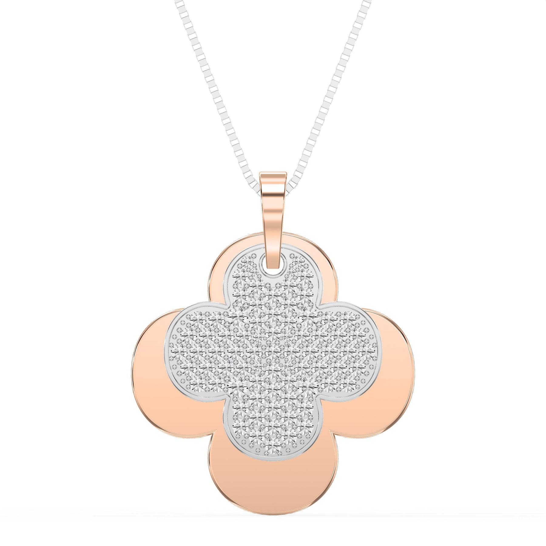 Elegant Pave Two-Tone Clover Diamond Pendant Necklace