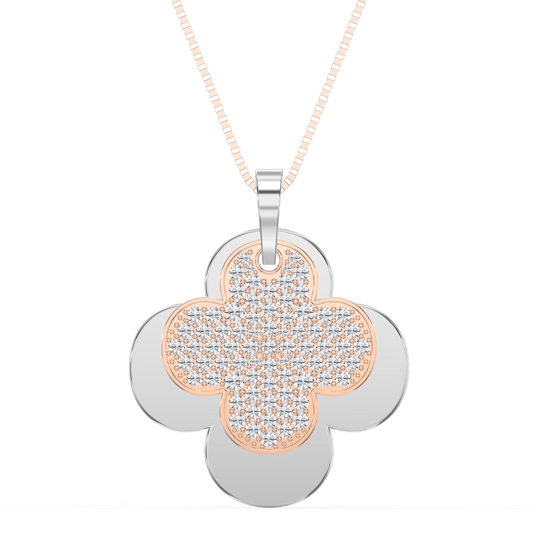 Elegant Pave Two-Tone Clover Diamond Pendant Necklace