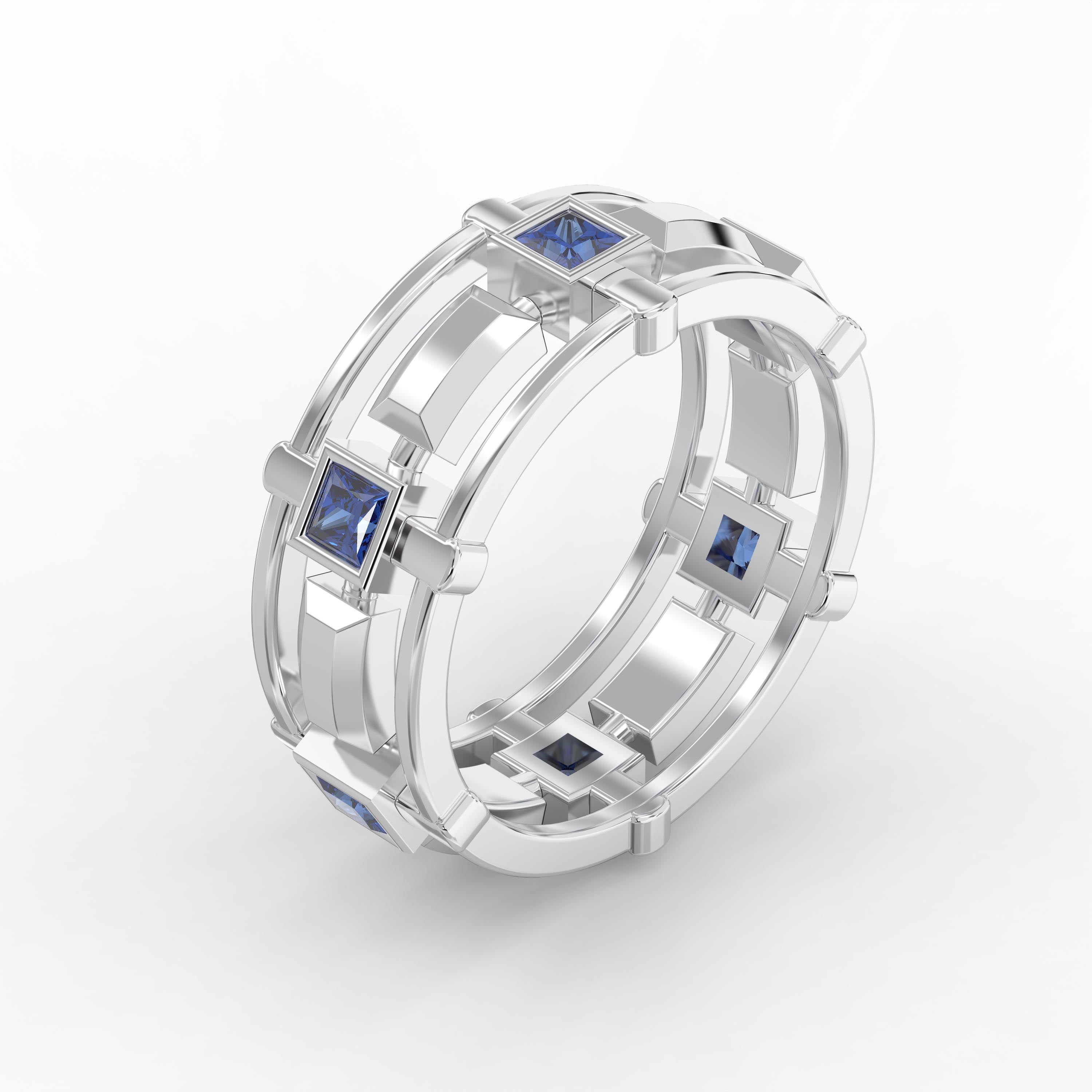 Luxury Princess Cut Blue Sapphire Geometric Ring