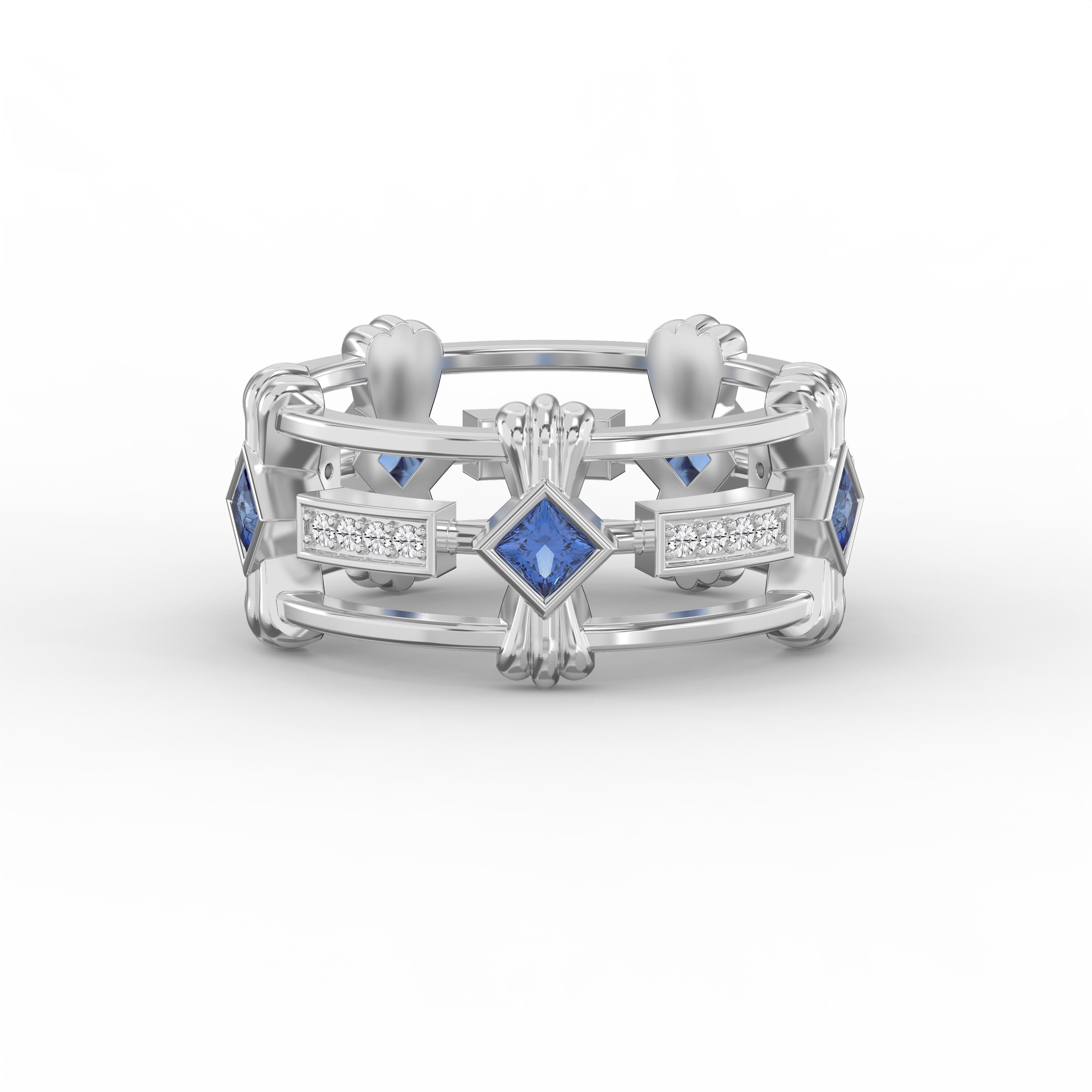 Elegant Princess Cut Blue Sapphire Ring with cubic zirconia Side Accents