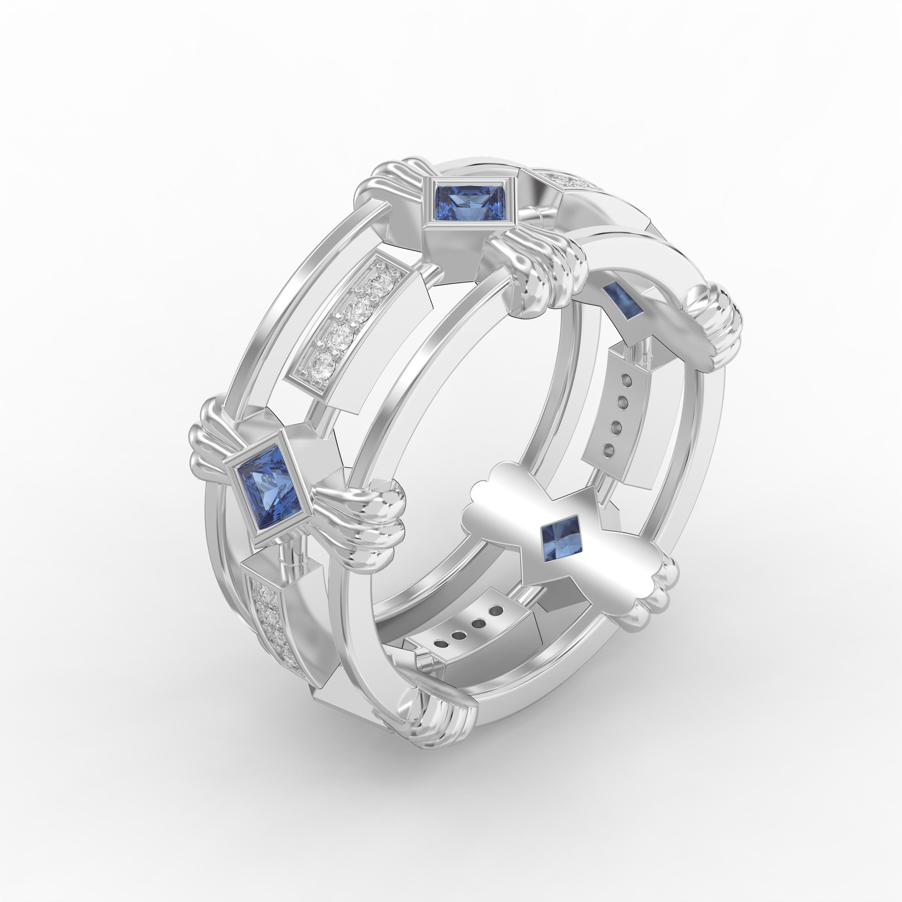 Elegant Princess Cut Blue Sapphire Ring with cubic zirconia Side Accents