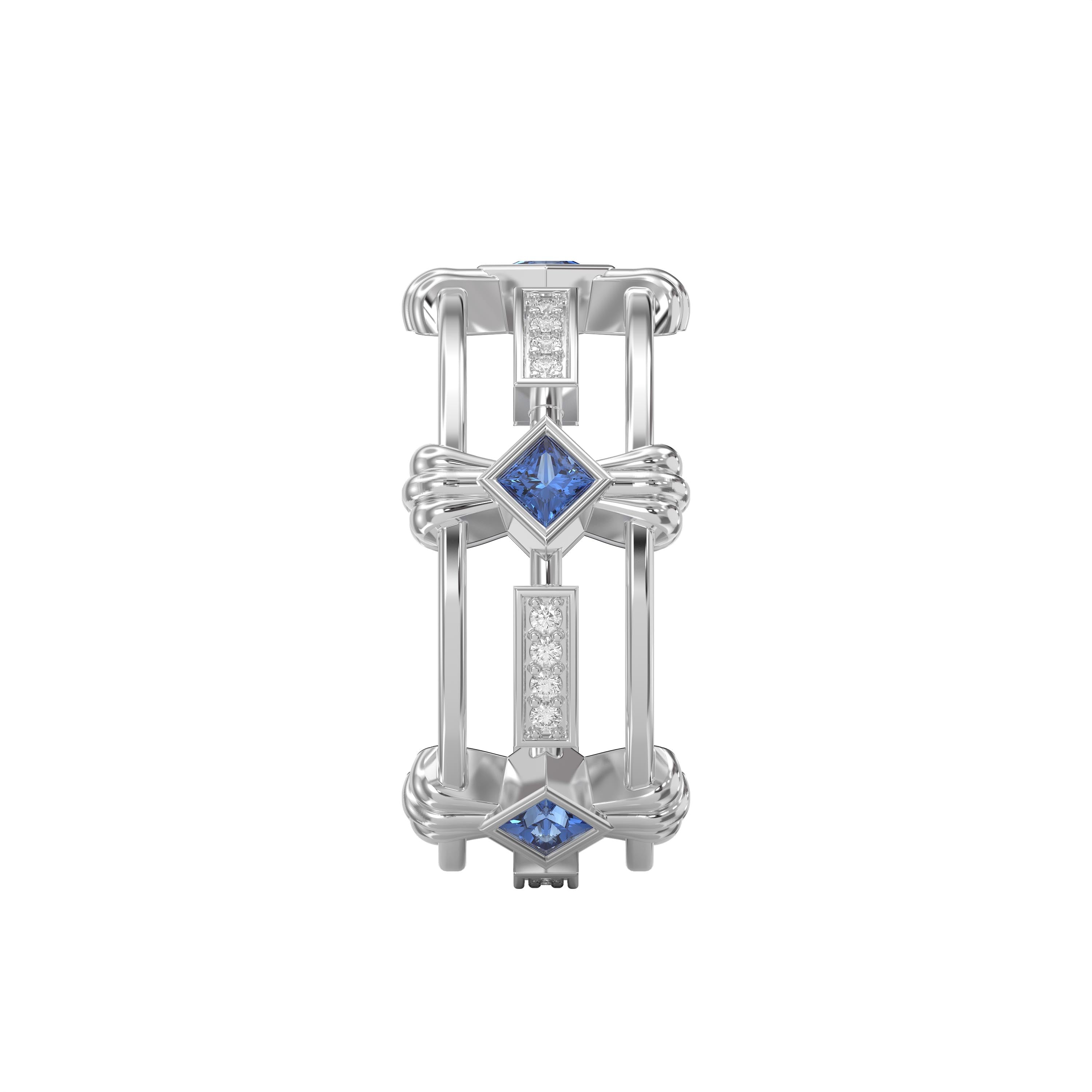 Elegant Princess Cut Blue Sapphire Ring with cubic zirconia Side Accents