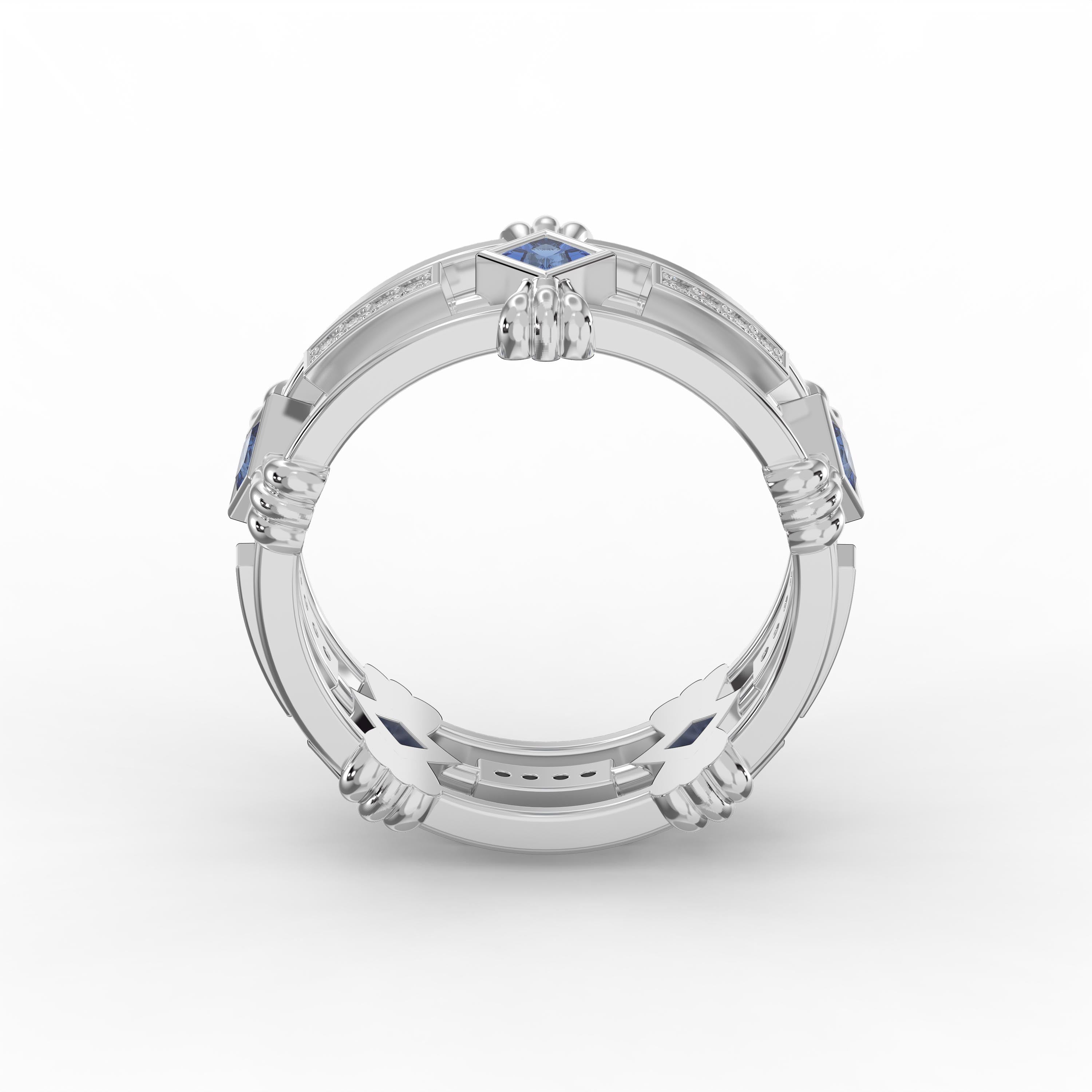 Elegant Princess Cut Blue Sapphire Ring with cubic zirconia Side Accents