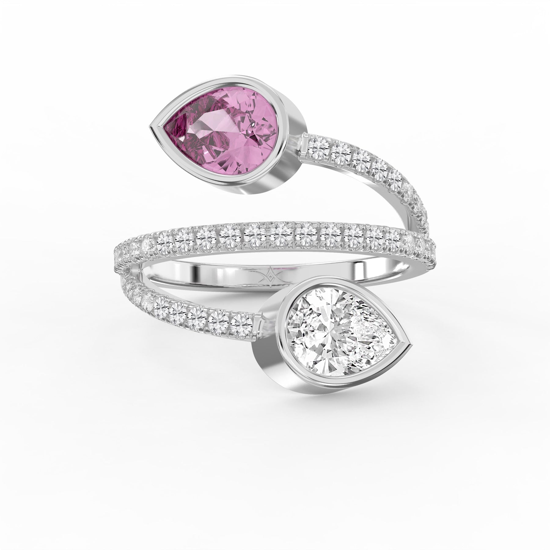 Elegant Wrap Style Dual Pear Shape Diamond Ring with Pink Gemstone
