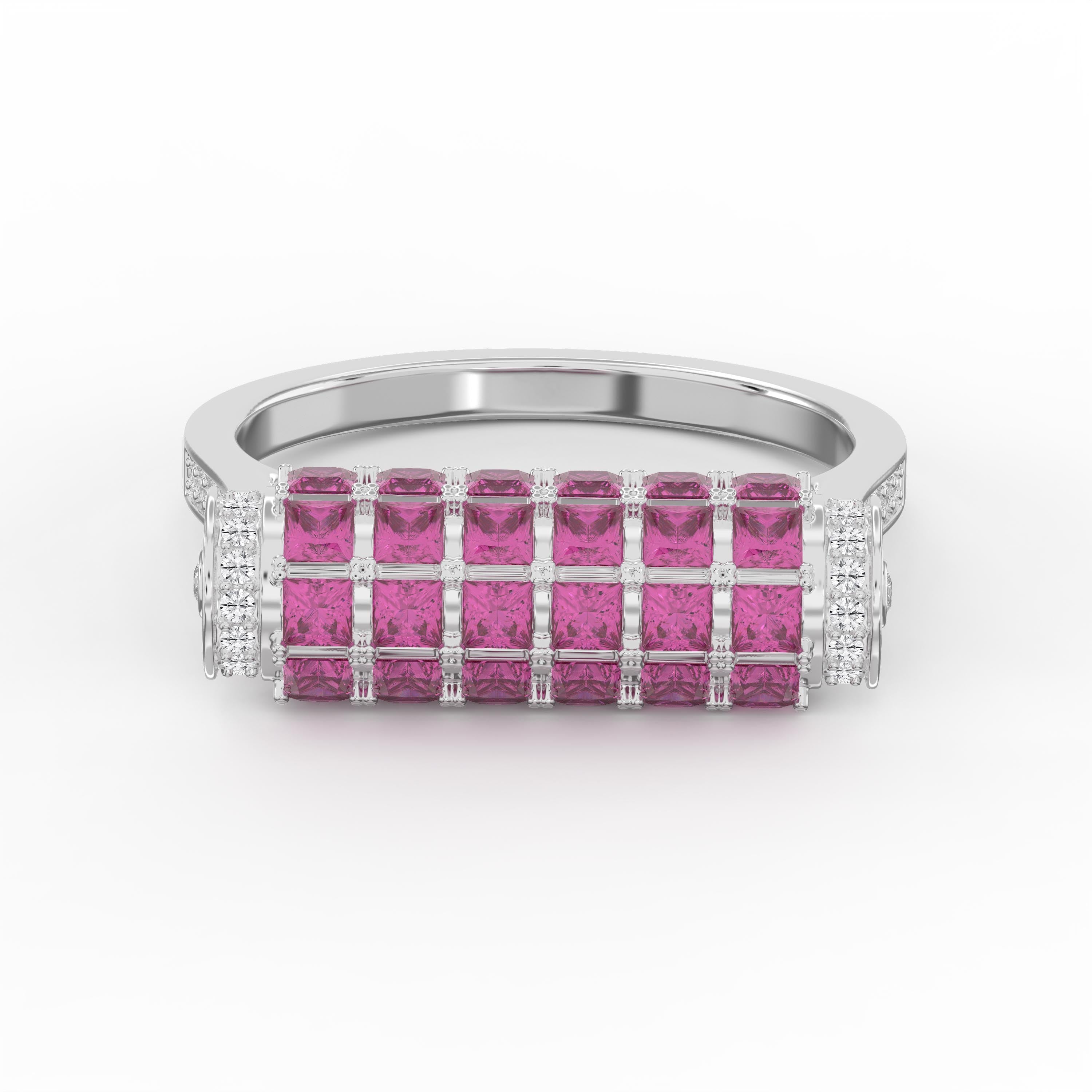Pink Princess Cut Gemstone Ring with Round Diamond Side Stones
