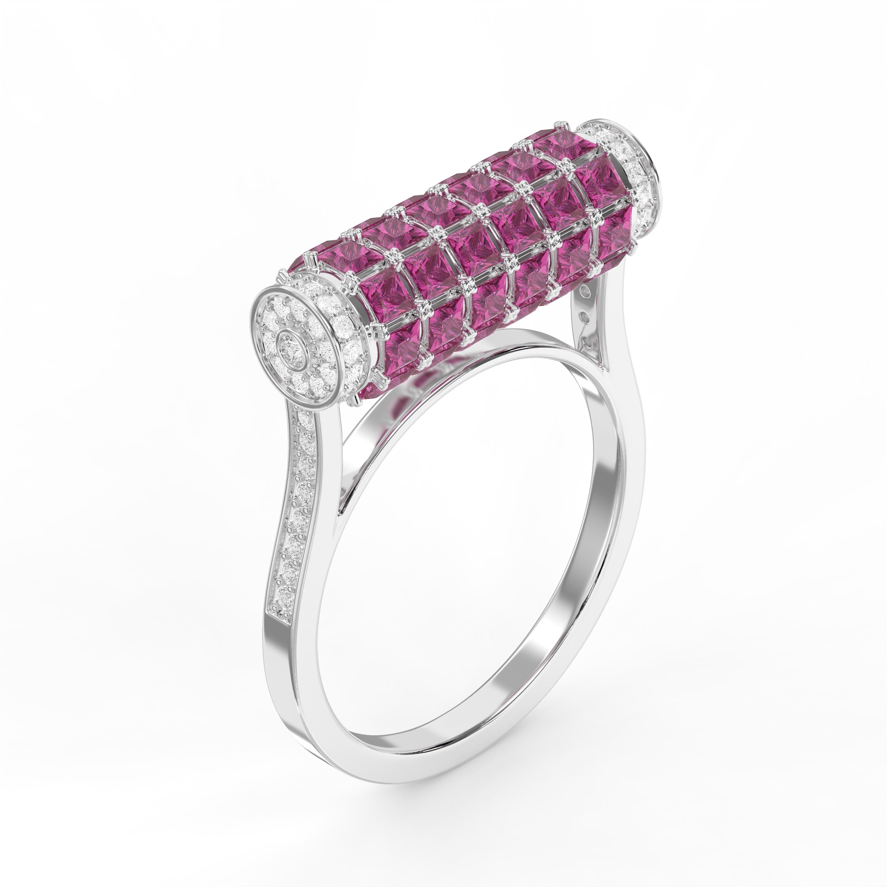 Pink Princess Cut Gemstone Ring with Round Diamond Side Stones