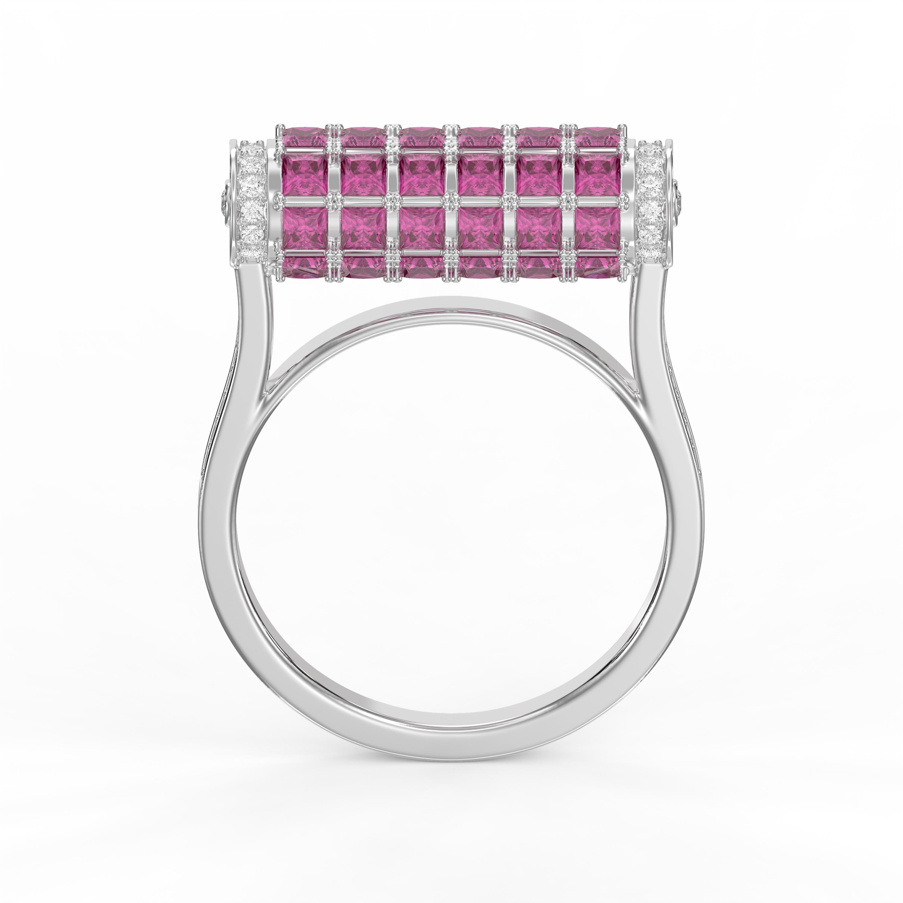 Pink Princess Cut Gemstone Ring with Round Diamond Side Stones
