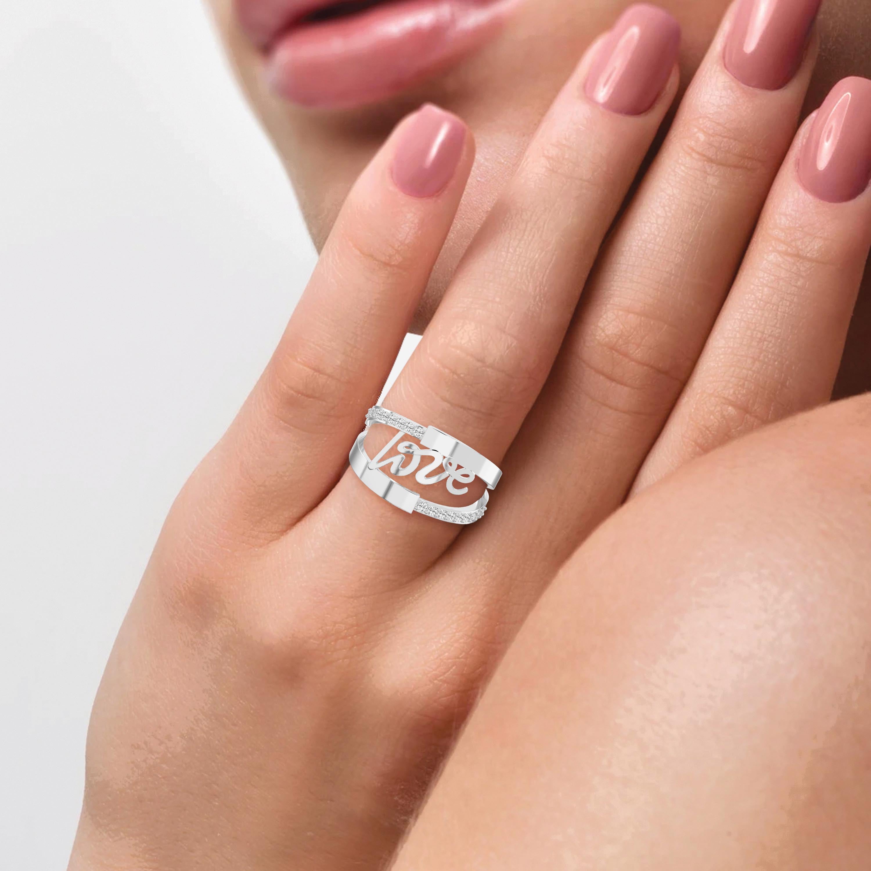 Stylish Love Script Ring with Pavé Diamonds Fine Jewelry