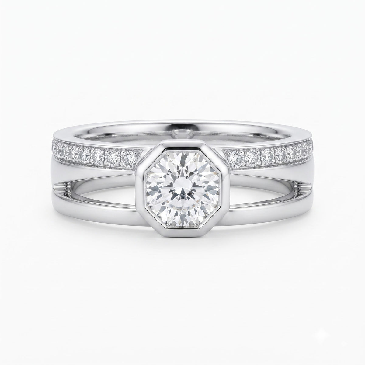 Hexagon Bezel Round Lab Diamond Split Shank Engagement Ring