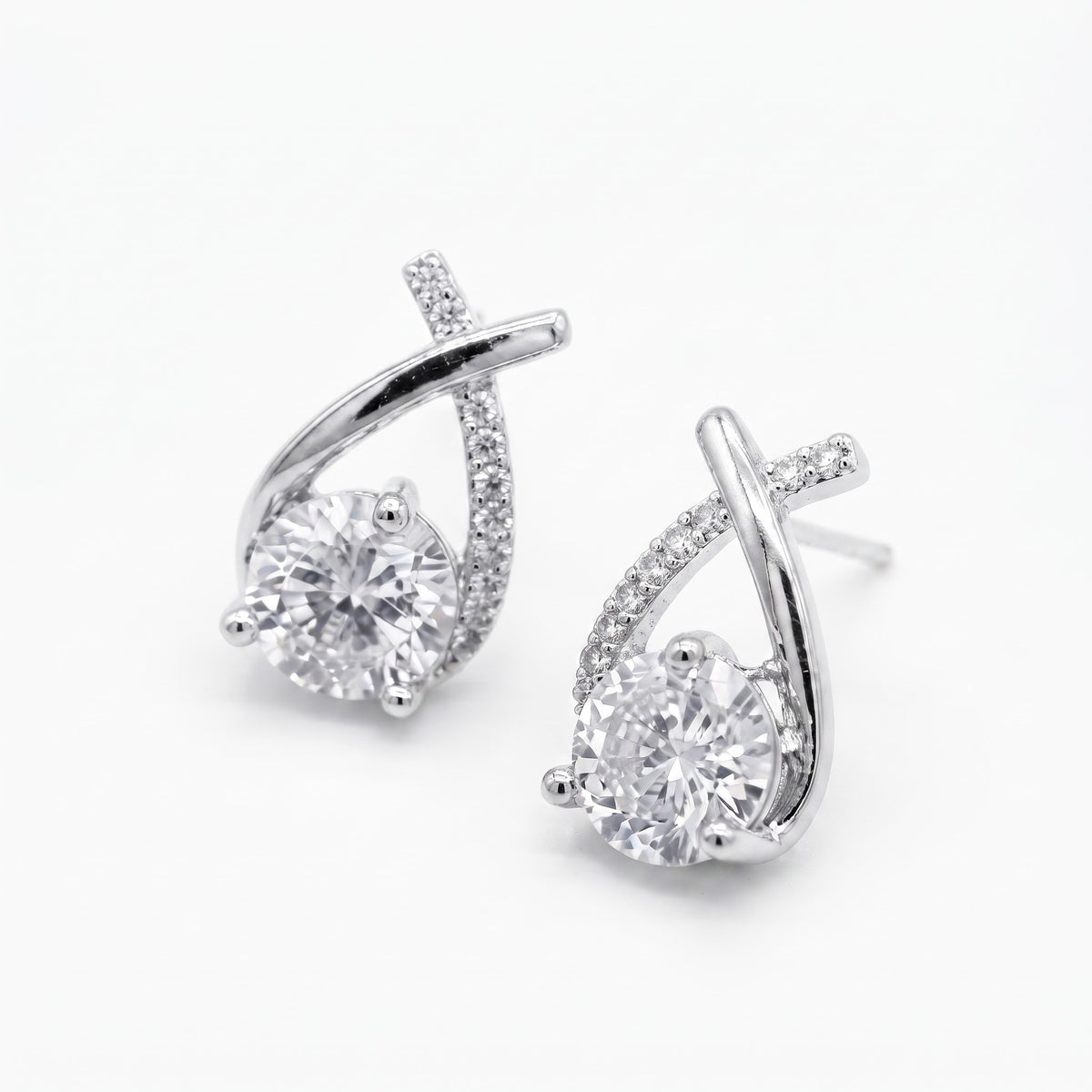 Curved Pave Drop Studs | Round Brilliant Lab Grown Diamond Earrings