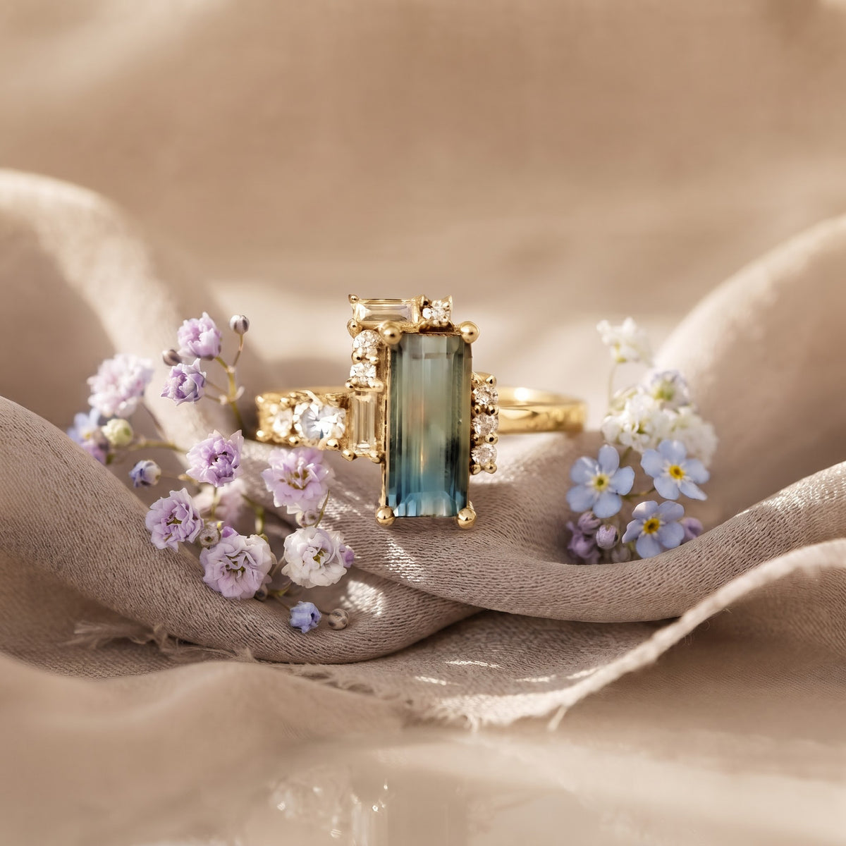 Gold Statement Cocktail Ring,Emerald Cut Blue-Green Gemstone Ring, Lab Diamond Baguette & Round Diamond Cluster
