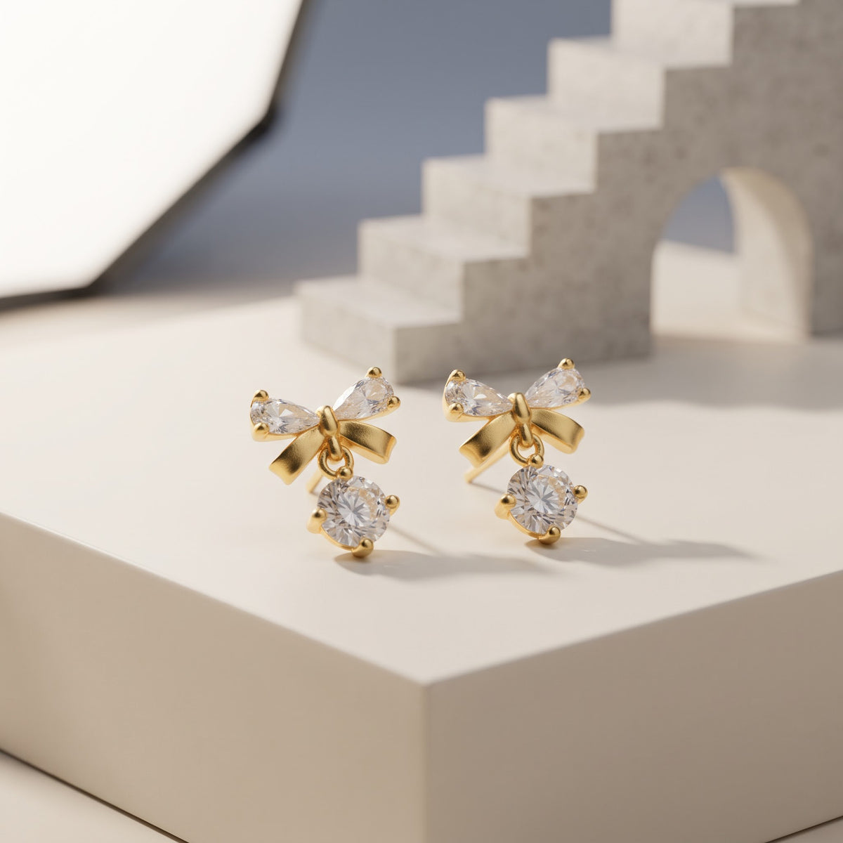 Bow Drop Earrings | CZ Round Earrings | Elegant Ribbon Studs