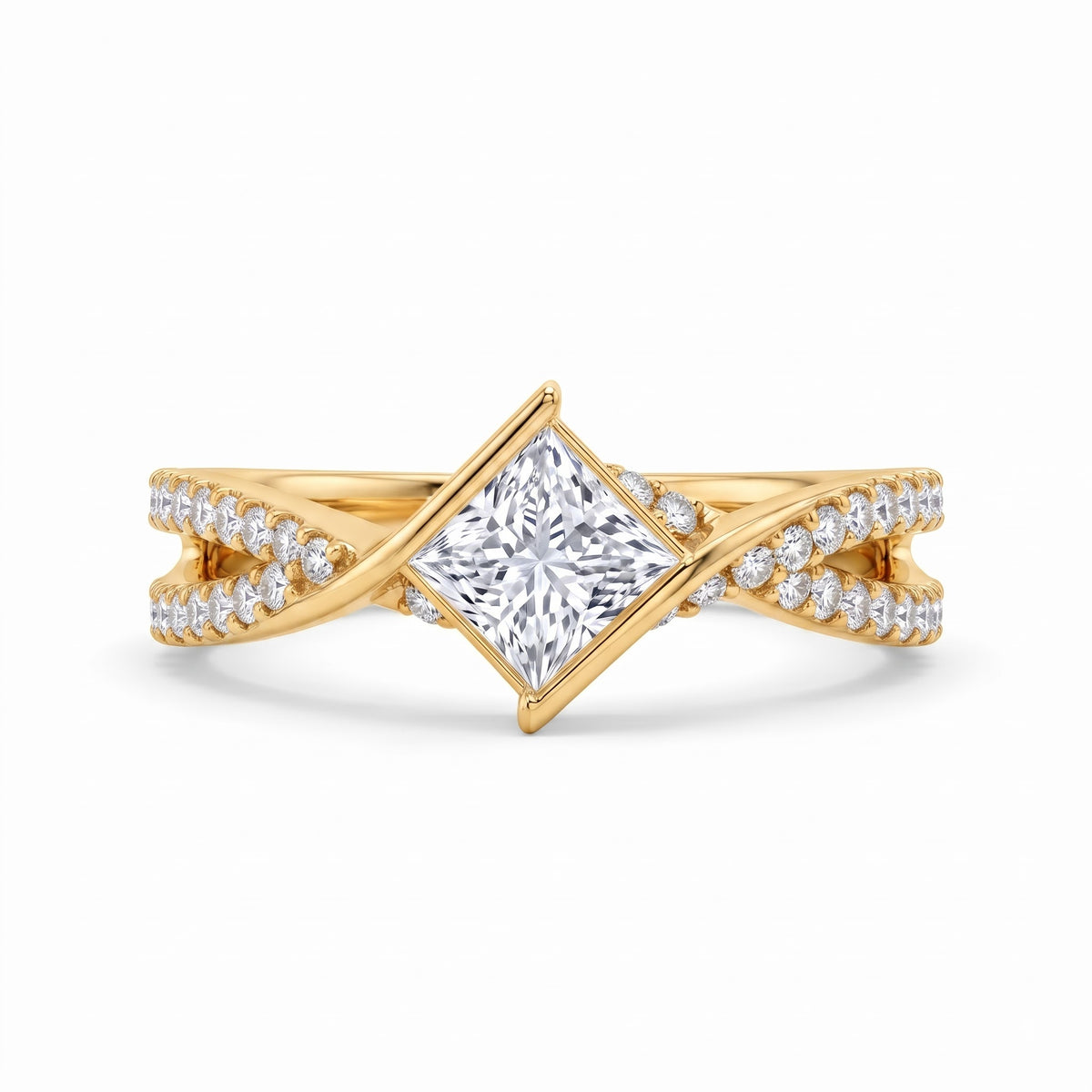 Princess Cut Lab Diamond Ring,Split Shank Engagement Ring, Modern Bridal Ring, Square Diamond Wedding Jewelry