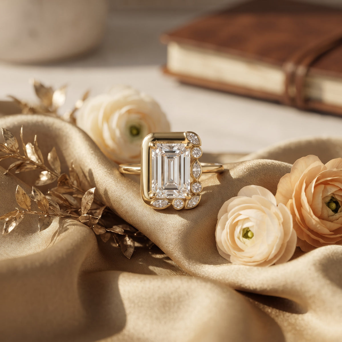 Emerald Cut Cluster Ring & Marquise Diamond Botanical Ring