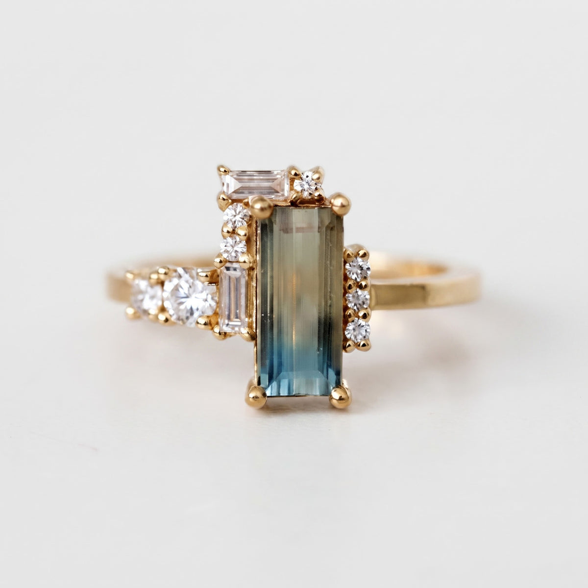 Gold Statement Cocktail Ring,Emerald Cut Blue-Green Gemstone Ring, Lab Diamond Baguette & Round Diamond Cluster