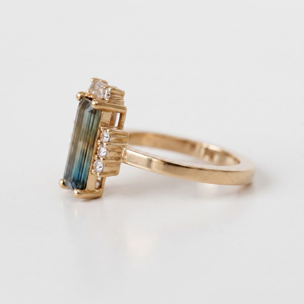 Gold Statement Cocktail Ring,Emerald Cut Blue-Green Gemstone Ring, Lab Diamond Baguette & Round Diamond Cluster