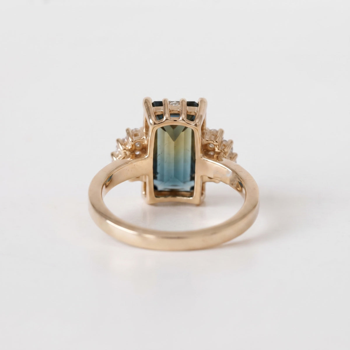 Gold Statement Cocktail Ring,Emerald Cut Blue-Green Gemstone Ring, Lab Diamond Baguette & Round Diamond Cluster