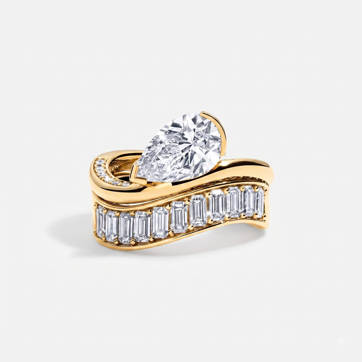 Bold brilliance meets architectural elegance , Pear Cut & Baguette Diamond Ring