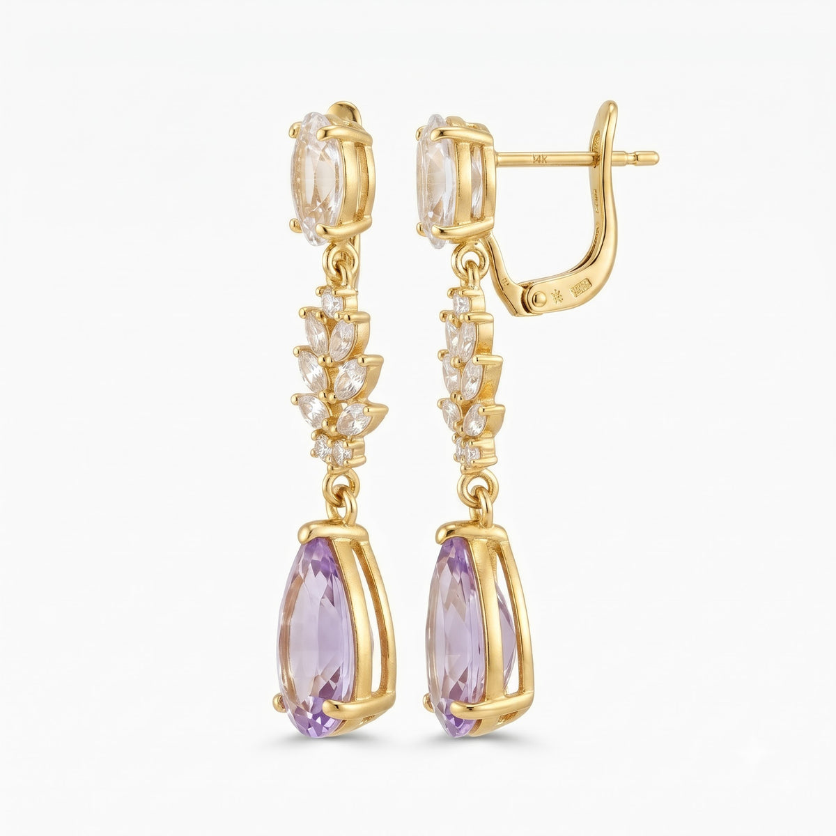 Amethyst Drop Earrings with White Quartz & Diamond Floral Accents