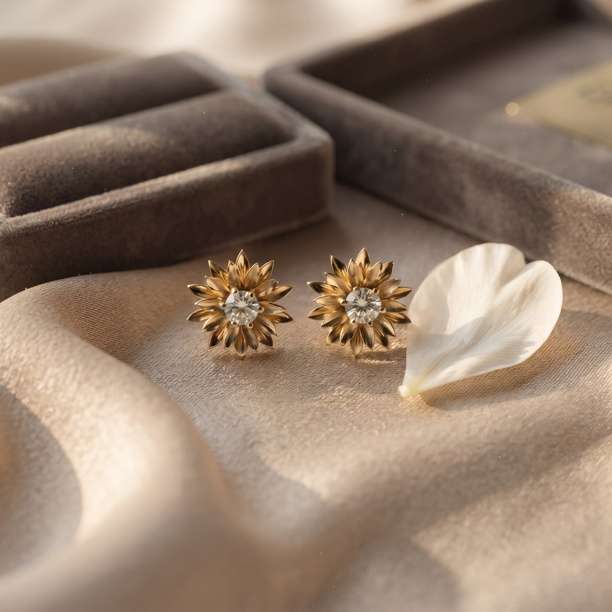 Round Diamond Flower Stud Earrings | Floral Earrings, Statement Botanical Jewelry