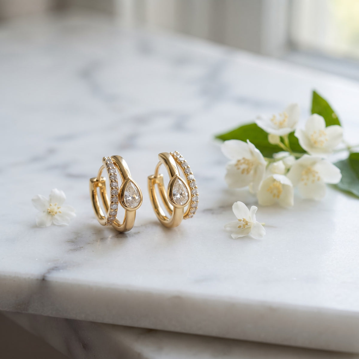 Pear Shape Diamond Huggie Hoop Earrings