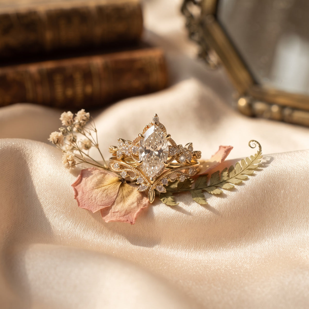Marquise Lab Diamond Engagement Ring,Gold Vintage Floral Ring, Art Deco Inspired Bridal Statement Ring, Luxury Wedding Gift