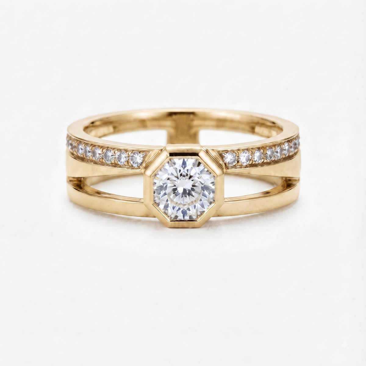 Hexagon Bezel Round Lab Diamond Split Shank Engagement Ring