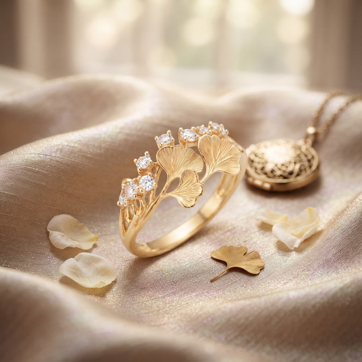 Ginkgo Leaf Nature Inspired Statement Diamond Ring