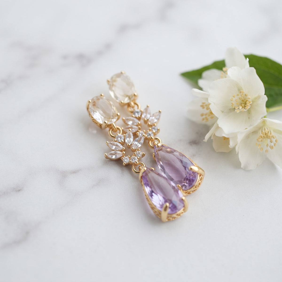 Amethyst Drop Earrings with White Quartz & Diamond Floral Accents