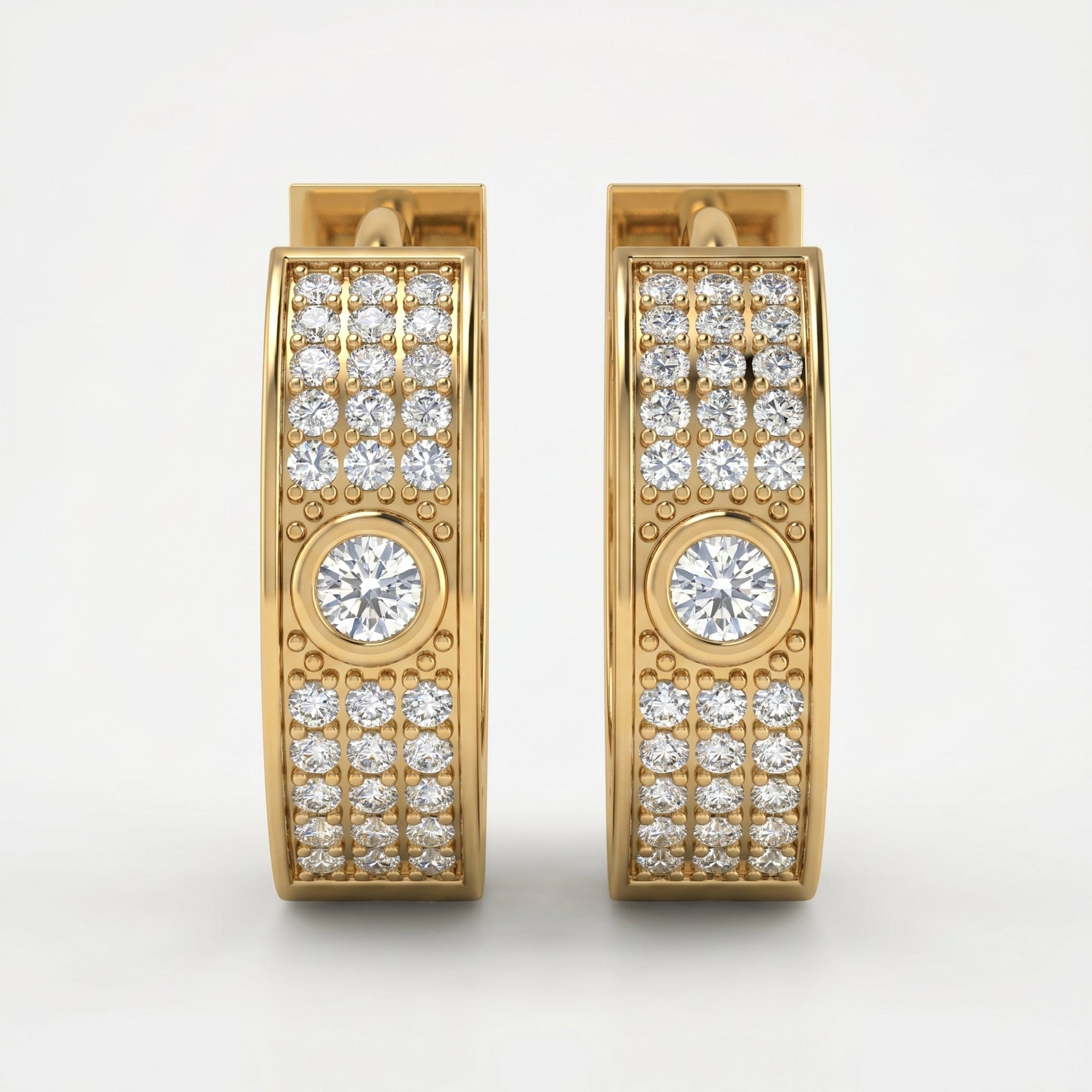 Side profile of pavé diamond hoop earrings with polished rose gold finish and secure huggie clasp