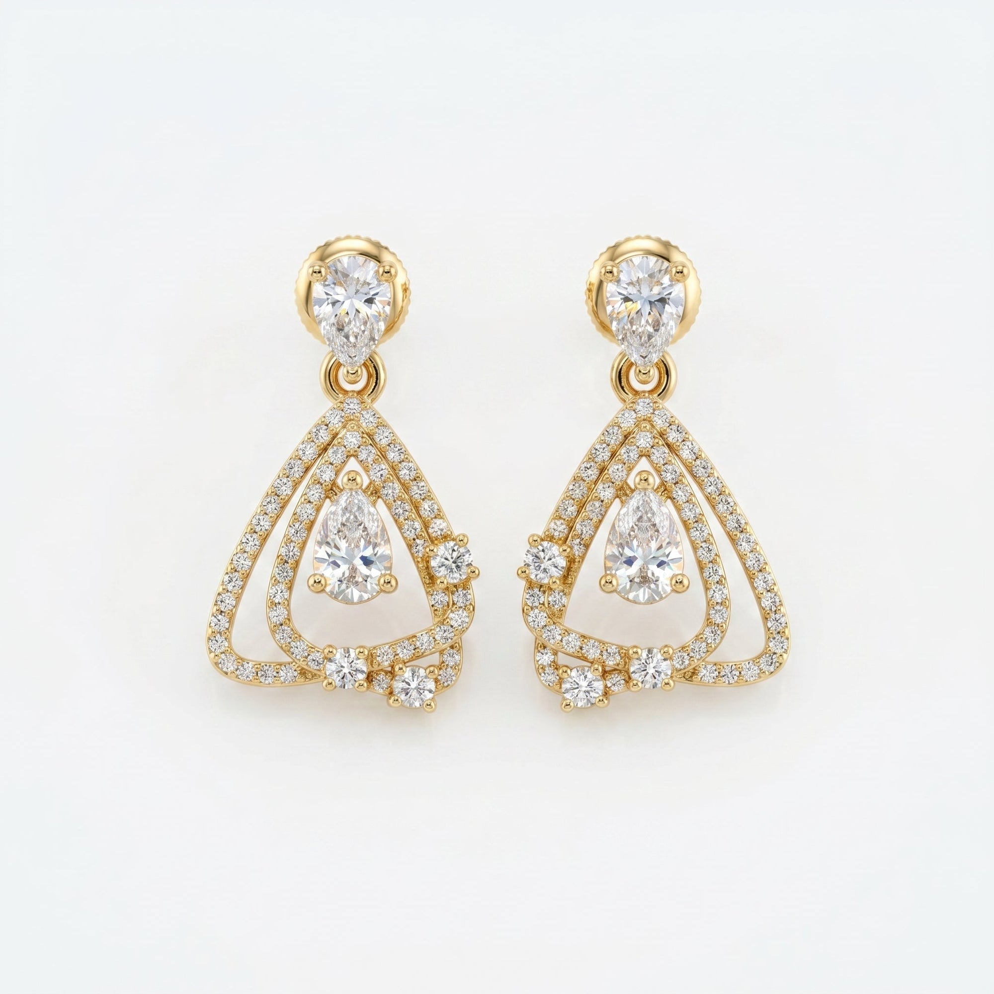 Luxury yellow gold pear drop diamond earrings with pavé detailing and geometric open-frame design on white background