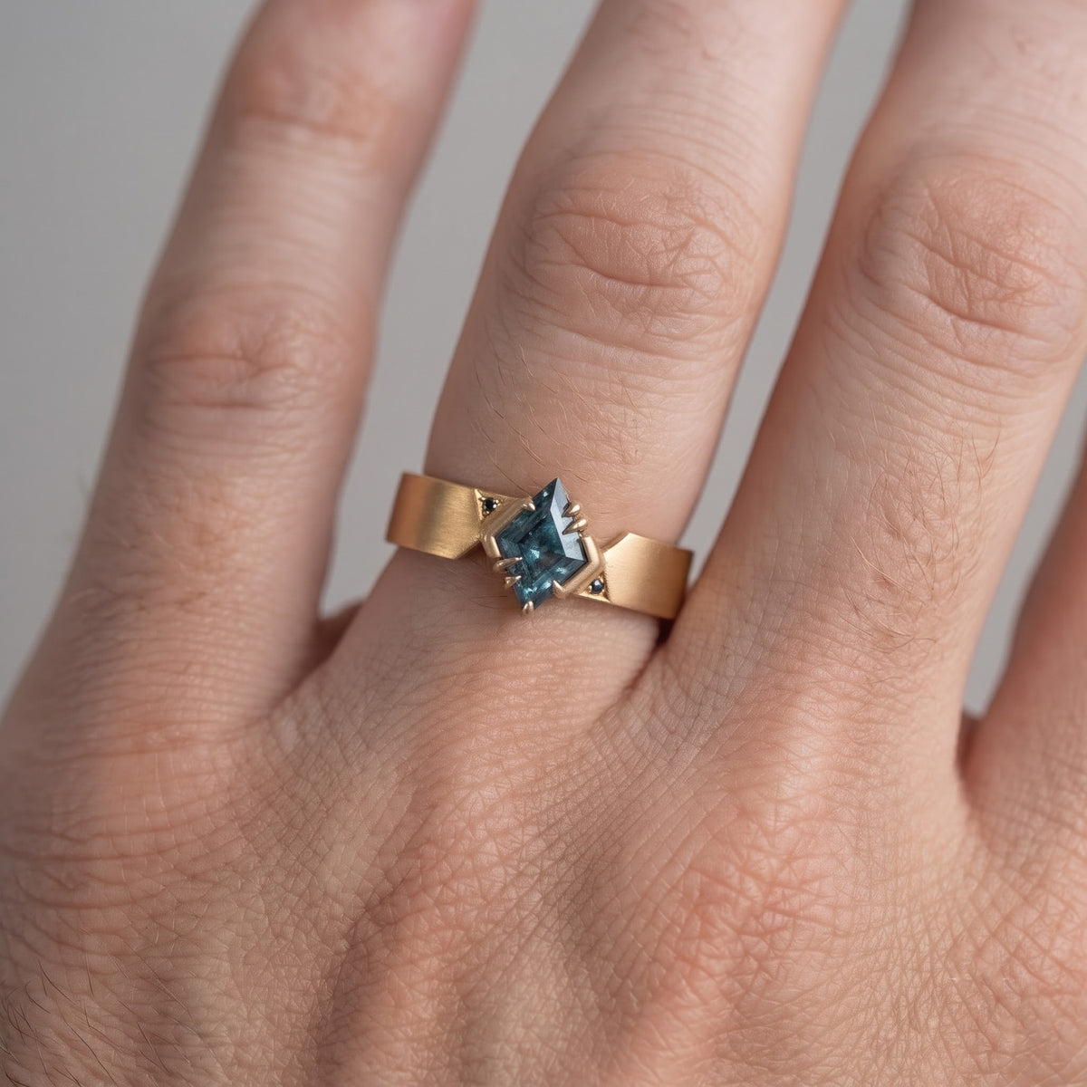 Kite Cut Blue Green Sapphire Modern Men's Statement Ring