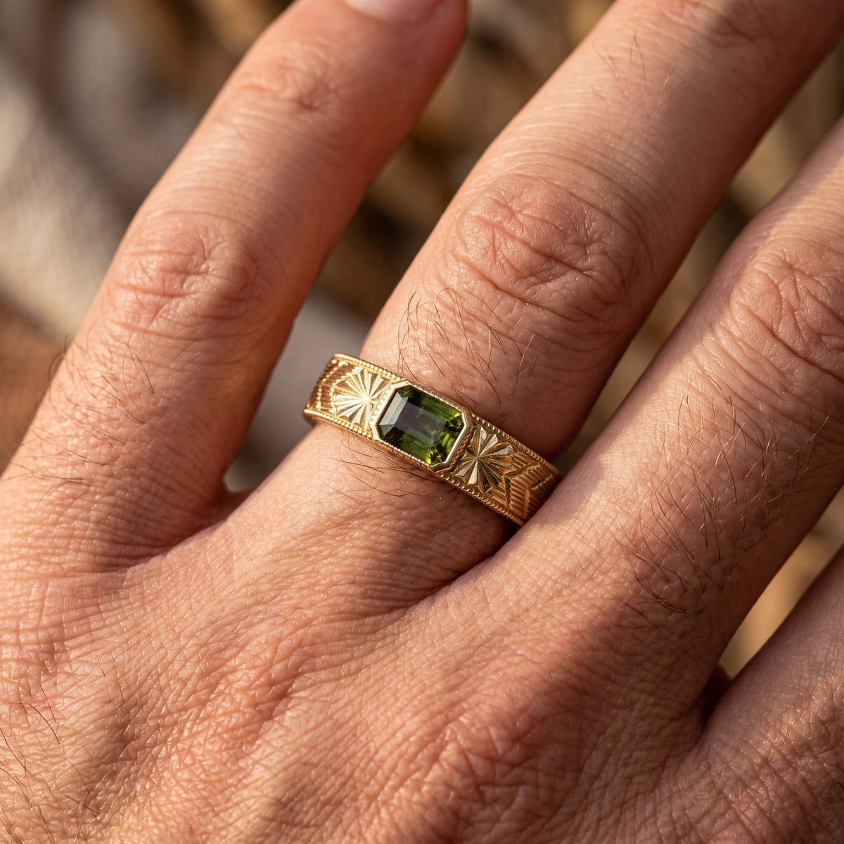 Men’s Green Tourmaline Gold Ring | Vintage Engraved Band