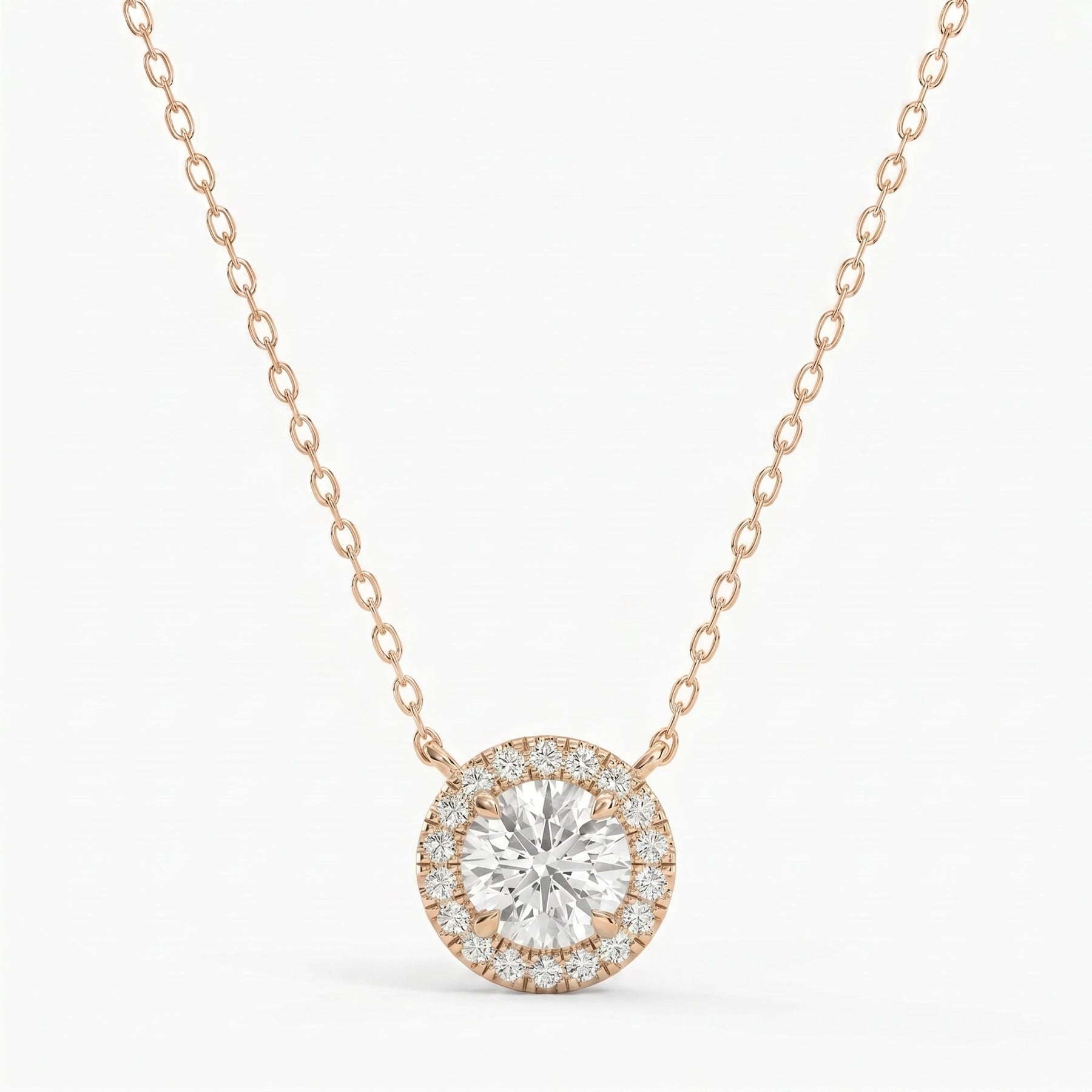 Round Shape Diamond and Side Stone Halo Design Necklace