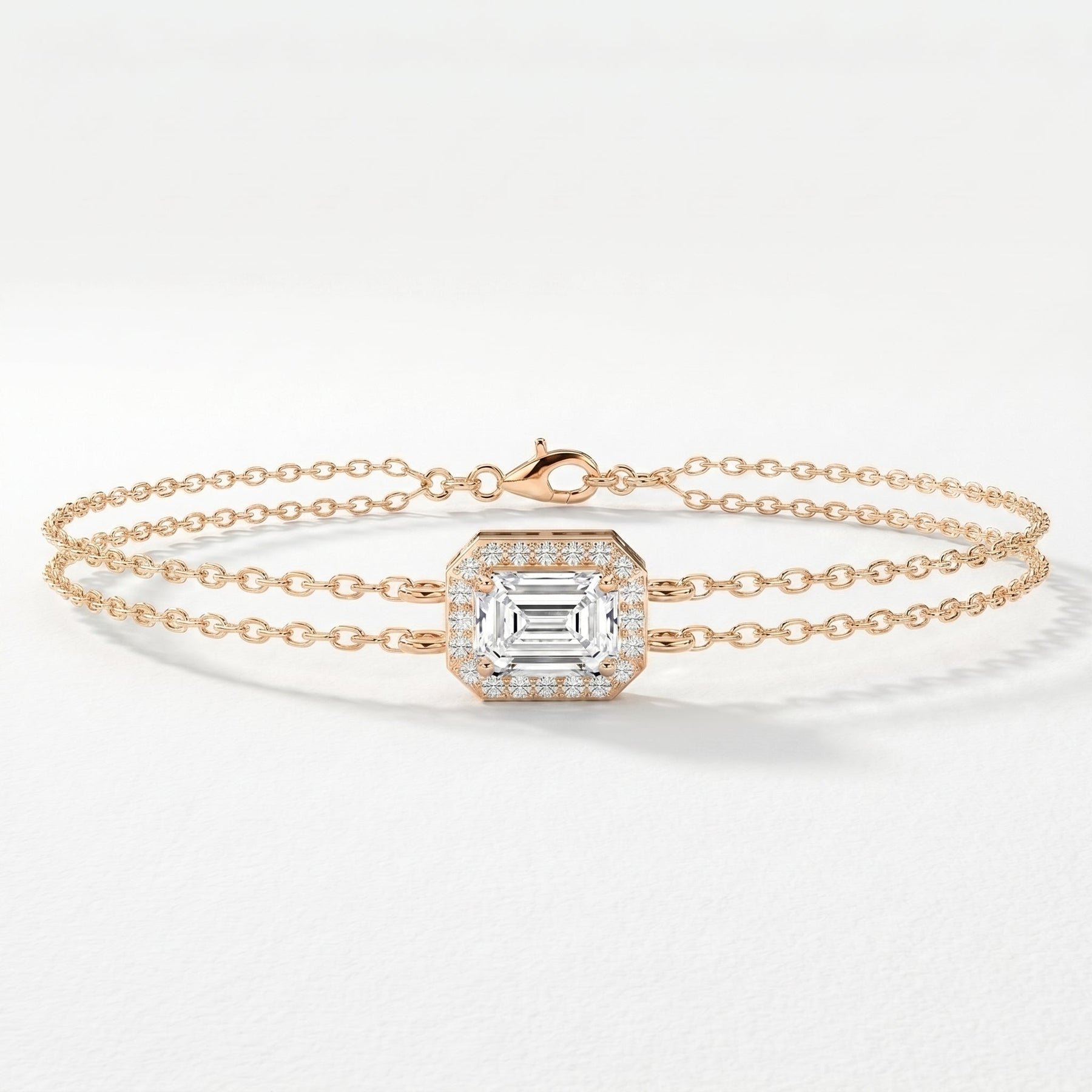 Diamond Bracelet Chain with Emerald Cut Halo Center – Double Chain Elegant Design