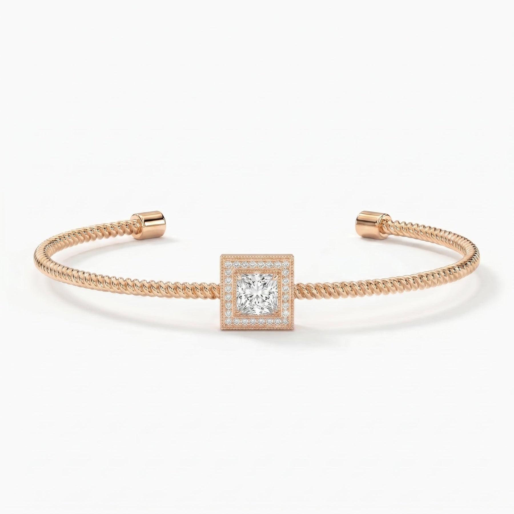 Luxury Cuff Bracelet with Square Halo Centerpiece – Princess Cut Diamond