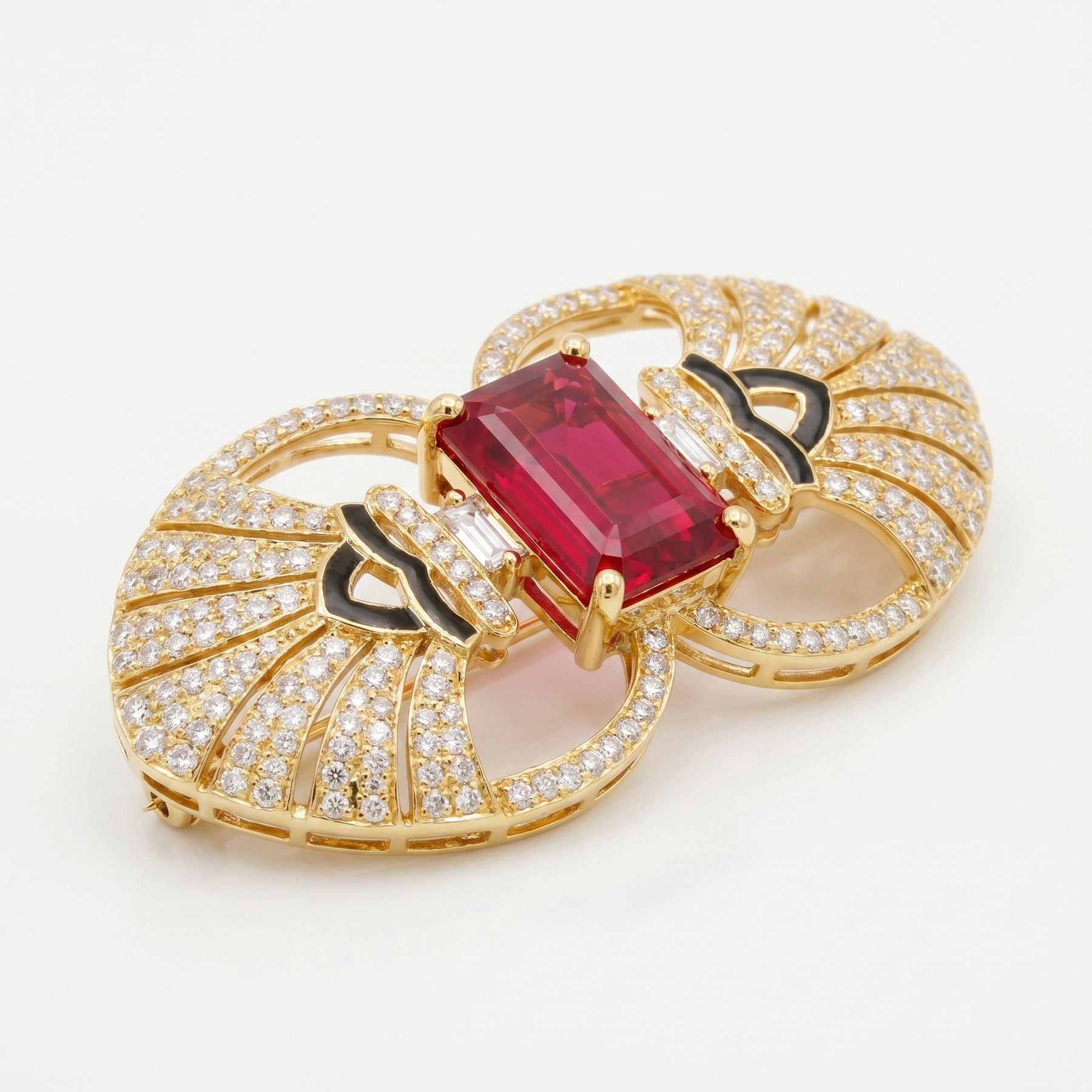 Emerald Cut Ruby Diamond Brooch