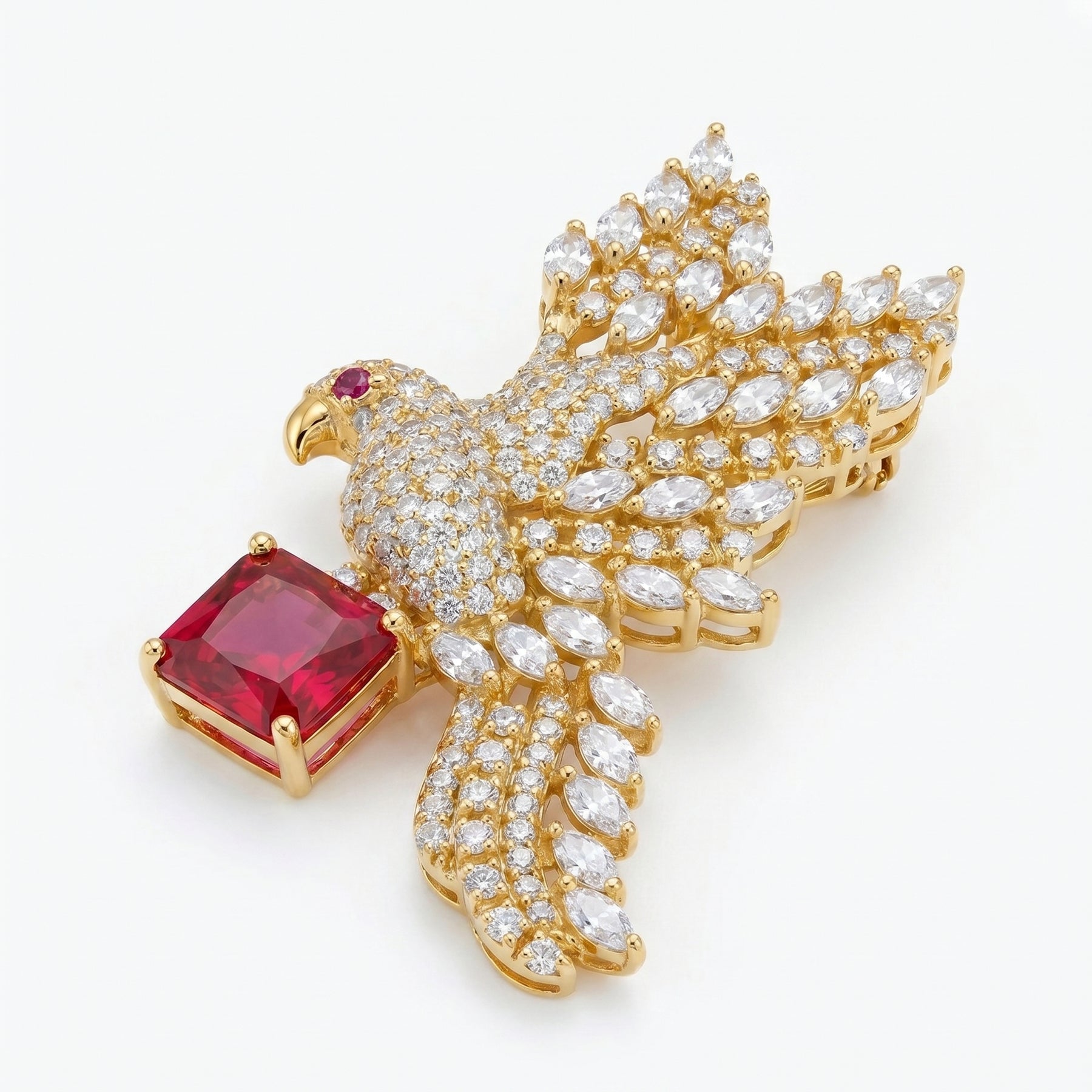 Ruby Bird Brooch, Red Emerald Cut Gemstone Diamond Pin