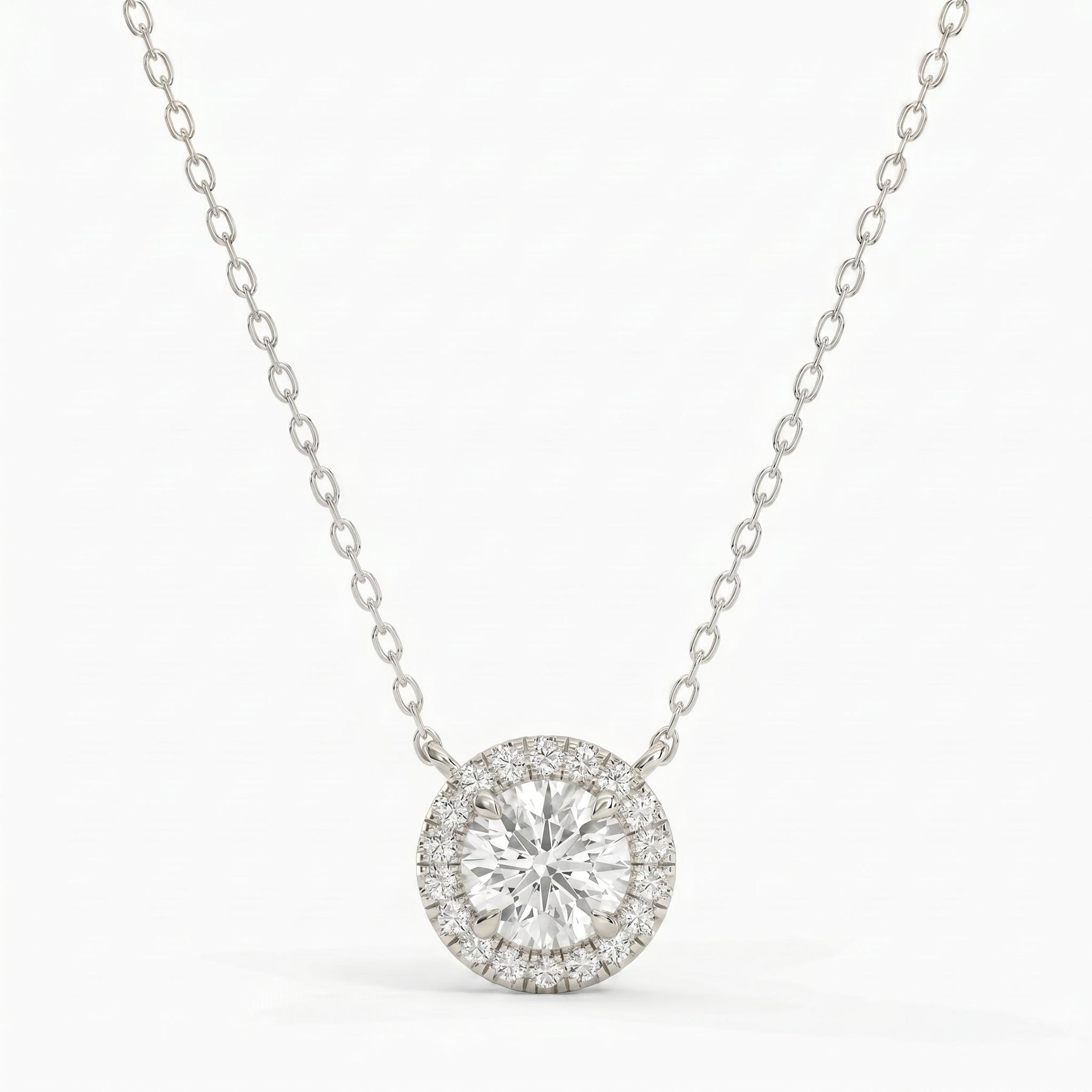 Round Shape Diamond and Side Stone Halo Design Necklace